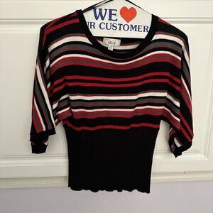 Ally B Womens Striped Batwing Sleeve Sweater Top‎ M Black Red White Gray